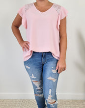 Load image into Gallery viewer, Pink Flutter Sleeve Lace Detail Top
